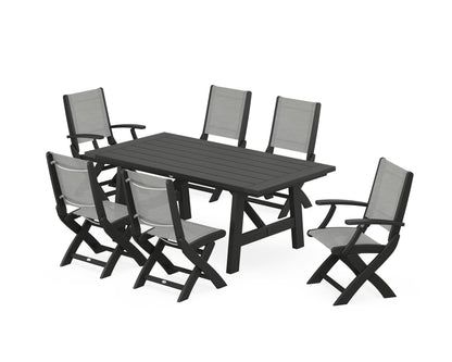 POLYWOOD® Coastal Folding Chair 7-Piece Rustic Farmhouse Dining Set in Black / Metallic Sling