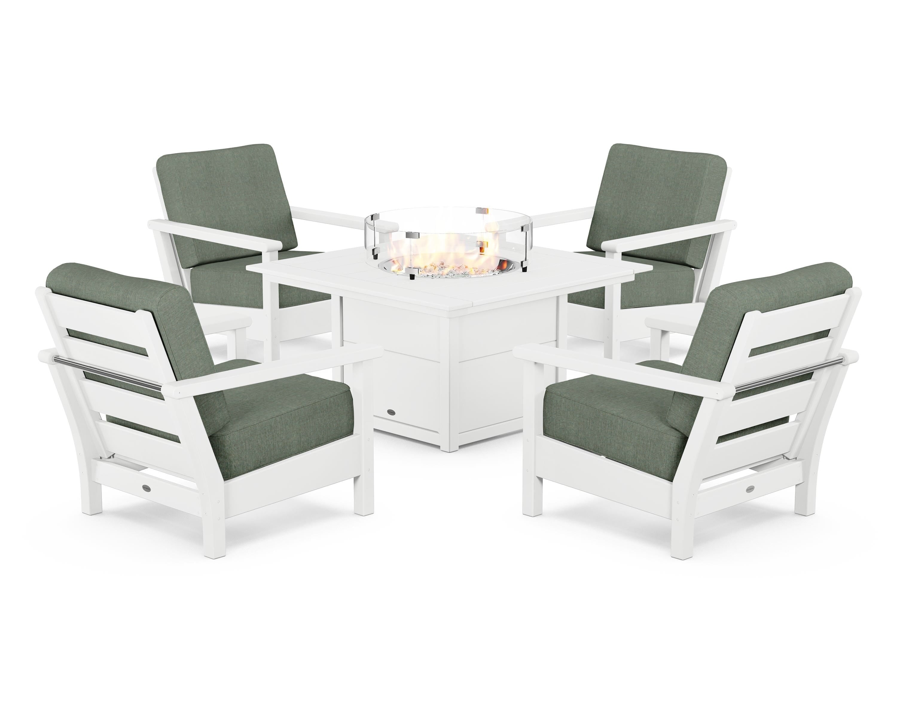 POLYWOOD® Harbour 5-Piece Conversation Set with Fire Pit Table in White / Cast Sage