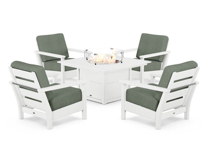 POLYWOOD® Harbour 5-Piece Conversation Set with Fire Pit Table in White / Cast Sage