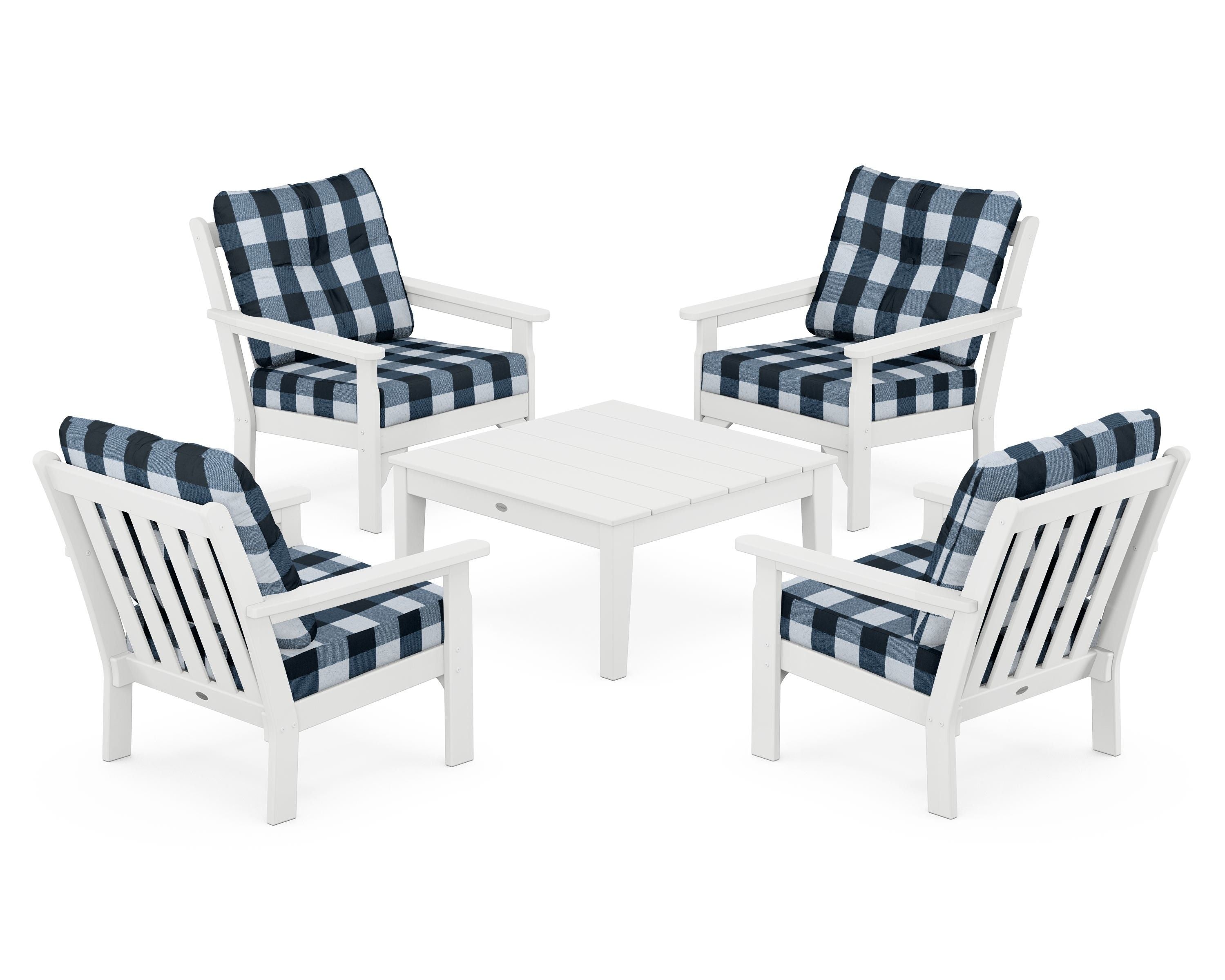 POLYWOOD® Vineyard 5-Piece Deep Seating Conversation Set in White / Buffalo Plaid Marine Indigo