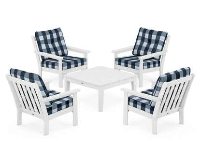 POLYWOOD® Vineyard 5-Piece Deep Seating Conversation Set in White / Buffalo Plaid Marine Indigo