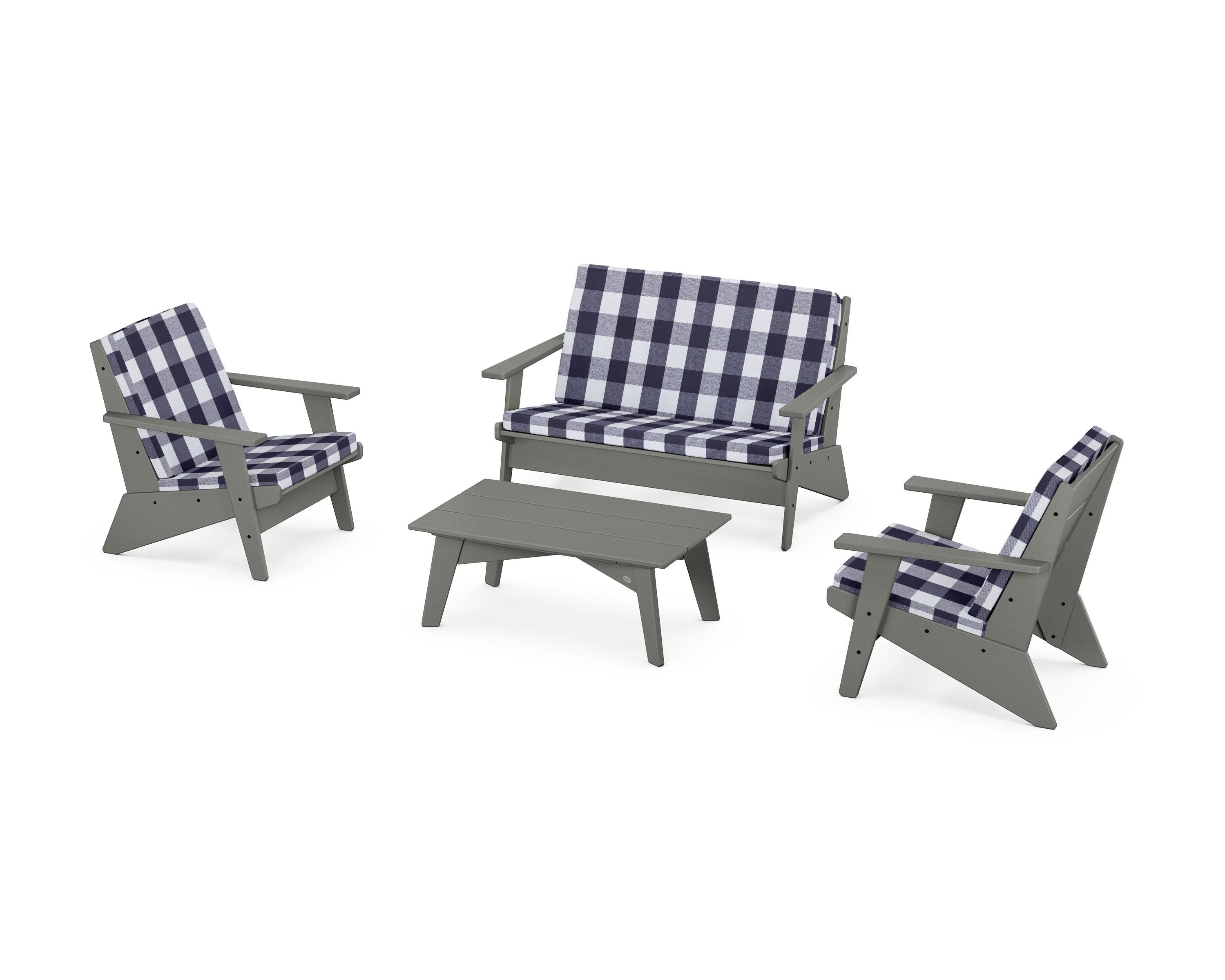 POLYWOOD® Riviera Modern Lounge 4-Piece Set in Slate Grey / Buffalo Plaid Navy