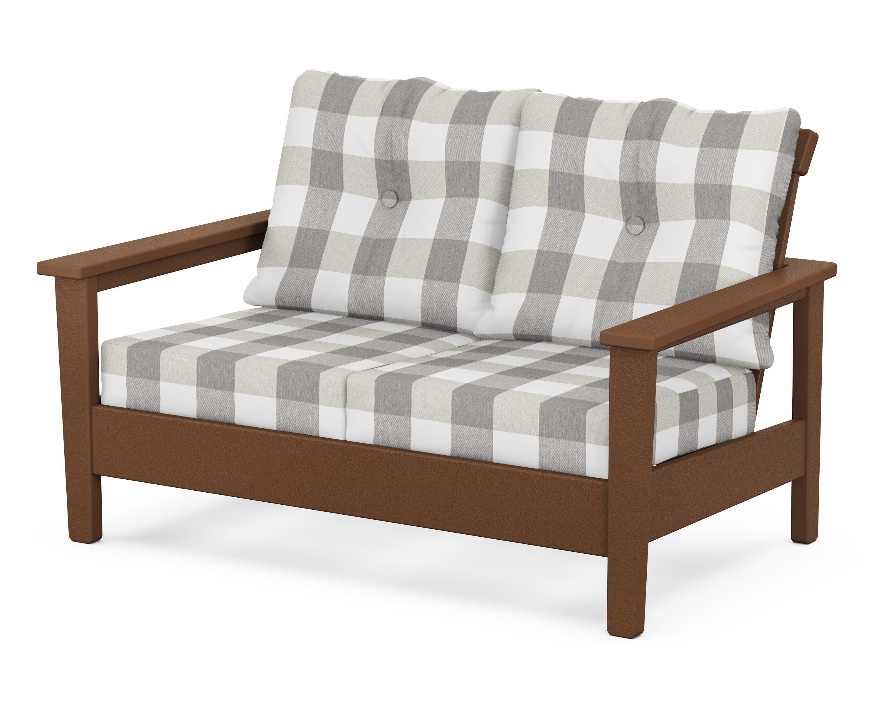 POLYWOOD® Prescott Deep Seating Loveseat in Teak / Buffalo Plaid Grey Mist