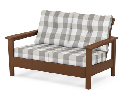 POLYWOOD® Prescott Deep Seating Loveseat in Teak / Buffalo Plaid Grey Mist