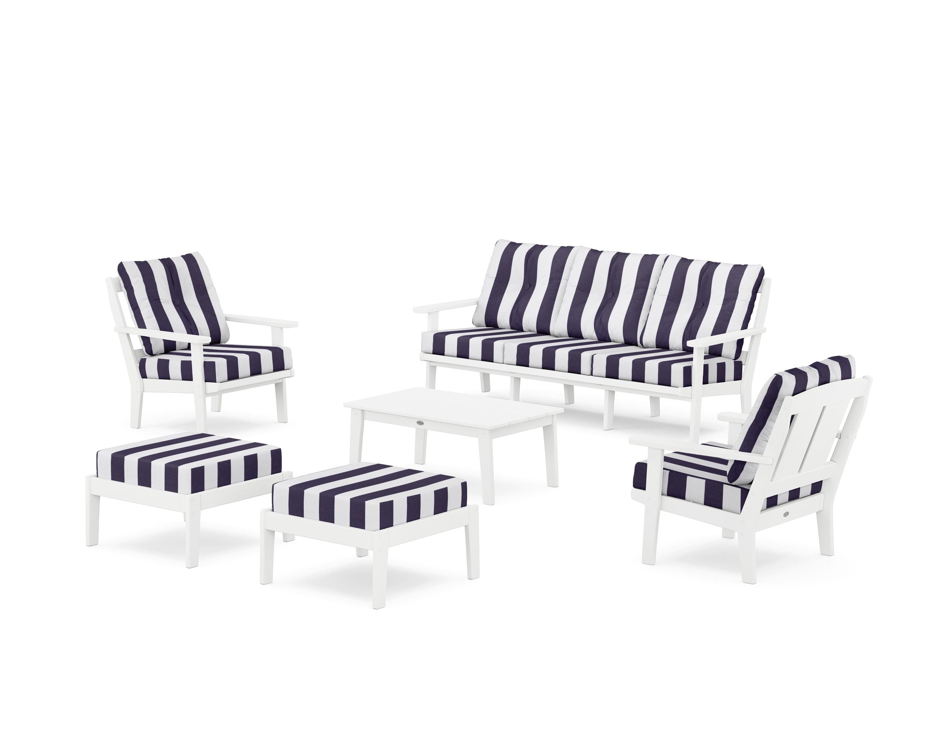POLYWOOD® Mission 6-Piece Lounge Sofa Set in White / Cabana Stripe Navy