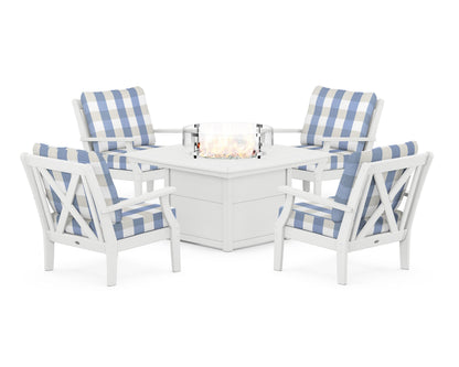 POLYWOOD® Braxton 5-Piece Deep Seating Conversation Set with Fire Pit Table in White / Buffalo Plaid Sky Blue