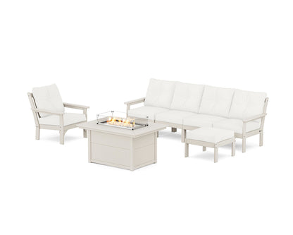 POLYWOOD® Vineyard Sectional Lounge and Fire Pit Set in Sand / Natural Linen