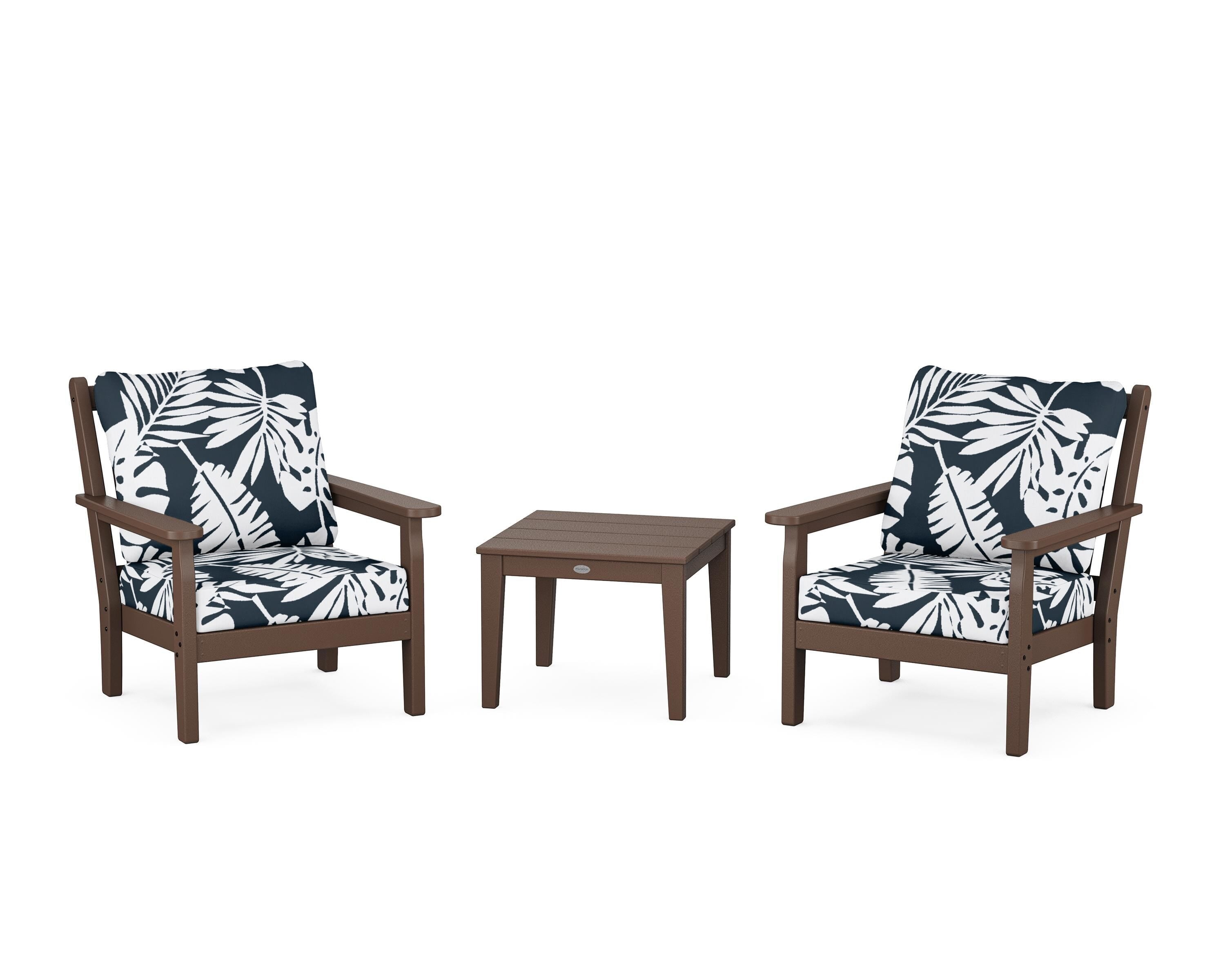 POLYWOOD® Chippendale 3-Piece Deep Seating Set in Mahogany / Leaf Marine Indigo