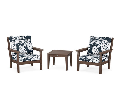 POLYWOOD® Chippendale 3-Piece Deep Seating Set in Mahogany / Leaf Marine Indigo
