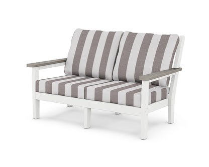 POLYWOOD® Chippendale Deep Seating Loveseat in White / Driftwood / Cabana Stripe Grey Mist