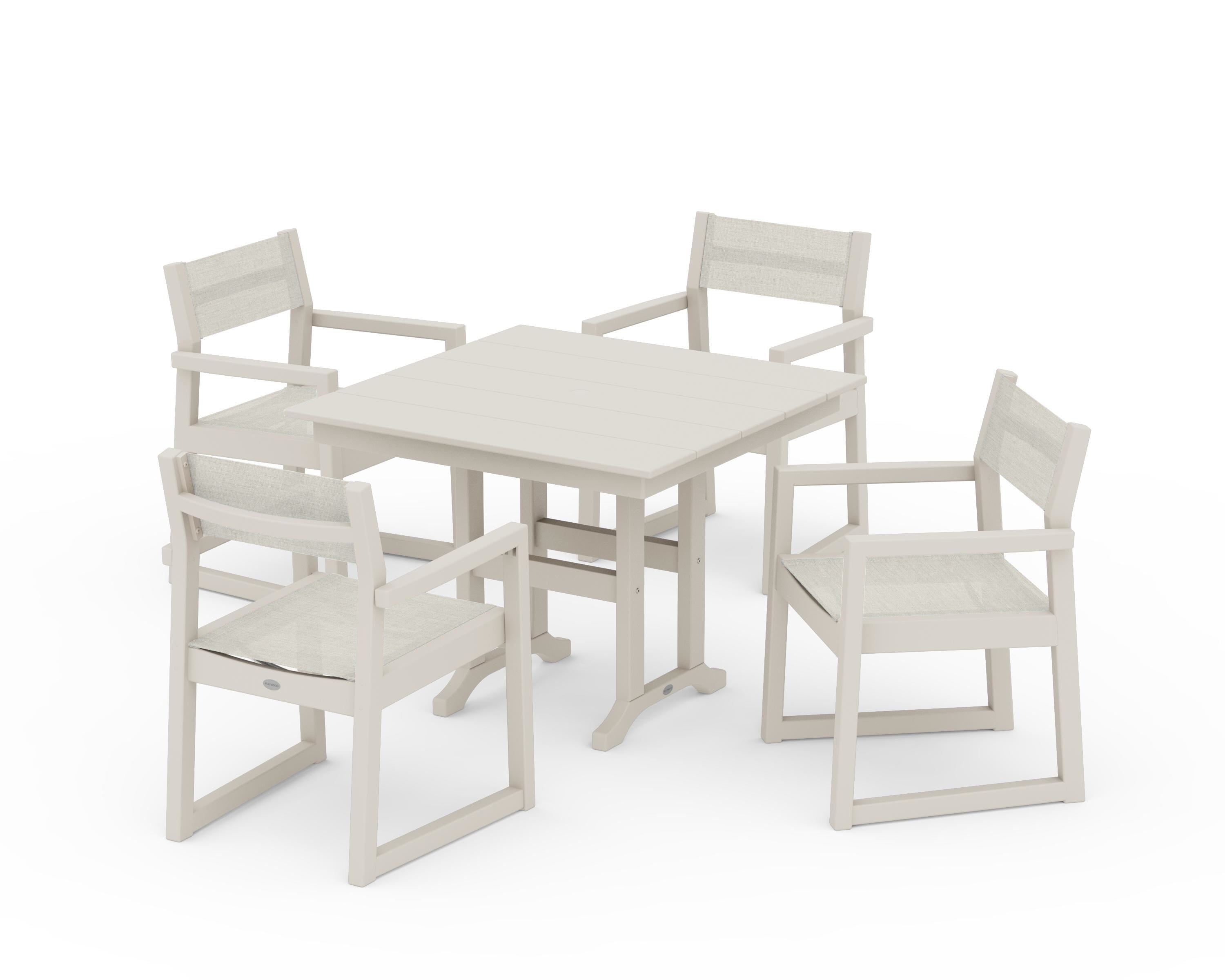 POLYWOOD® EDGE Sling Arm Chair 5-Piece Farmhouse Dining Set in Sand / Parchment Sling