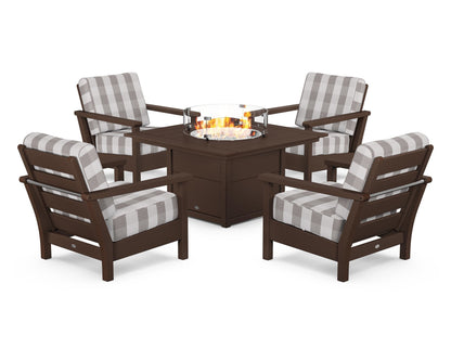 POLYWOOD® Harbour 5-Piece Conversation Set with Fire Pit Table in Mahogany / Buffalo Plaid Grey Mist