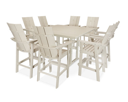 POLYWOOD® Modern Curveback Adirondack 9-Piece Farmhouse Trestle Bar Set in Sand