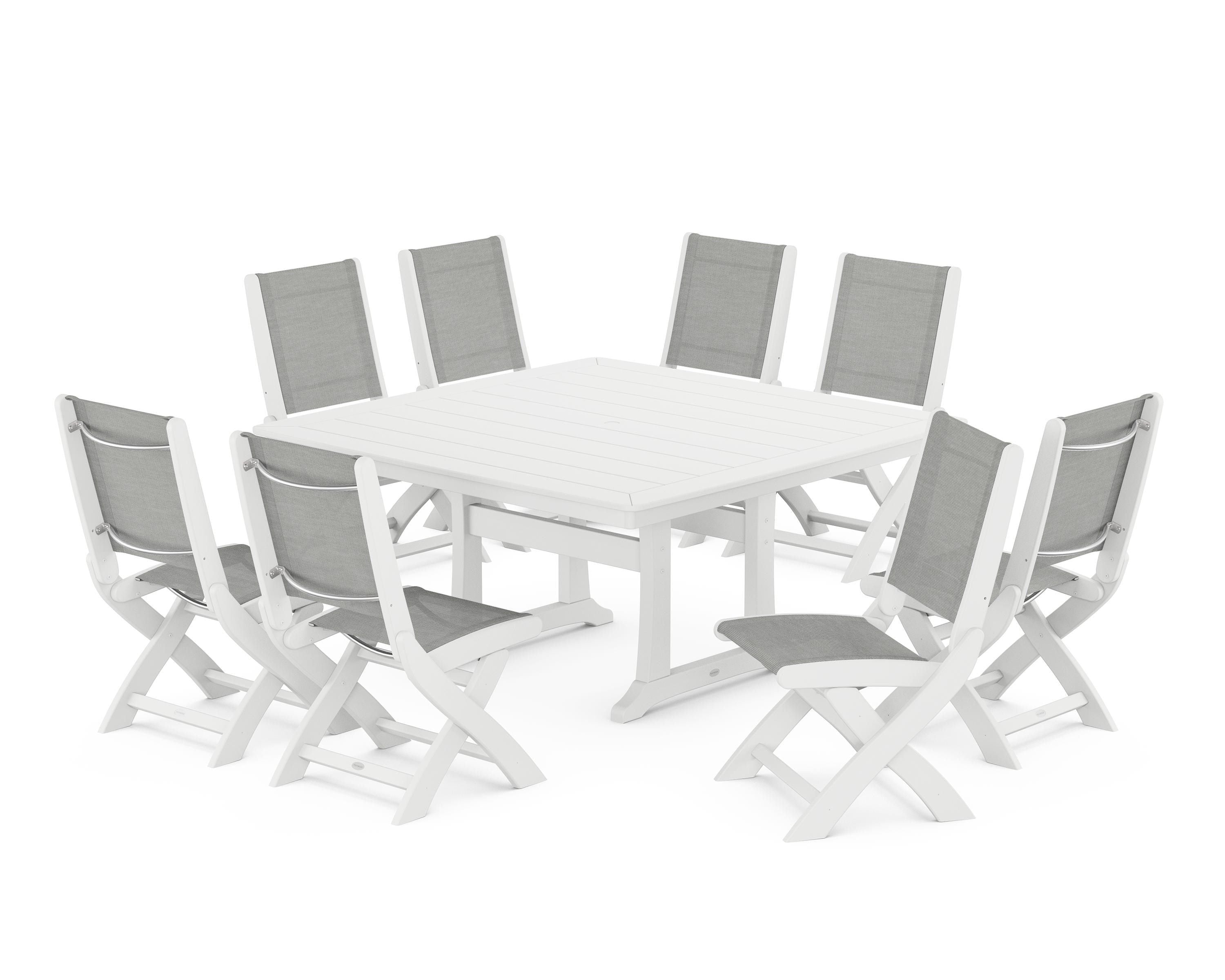 POLYWOOD® Coastal Folding Side Chair 9-Piece Dining Set with Trestle Legs in White / Metallic Sling