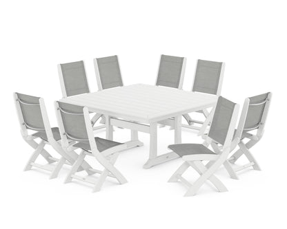 POLYWOOD® Coastal Folding Side Chair 9-Piece Dining Set with Trestle Legs in White / Metallic Sling