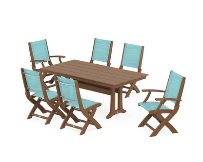 POLYWOOD® Coastal Folding Chair 7-Piece Farmhouse Dining Set with Trestle Legs in Teak / Dupioni Aquamarine Sling