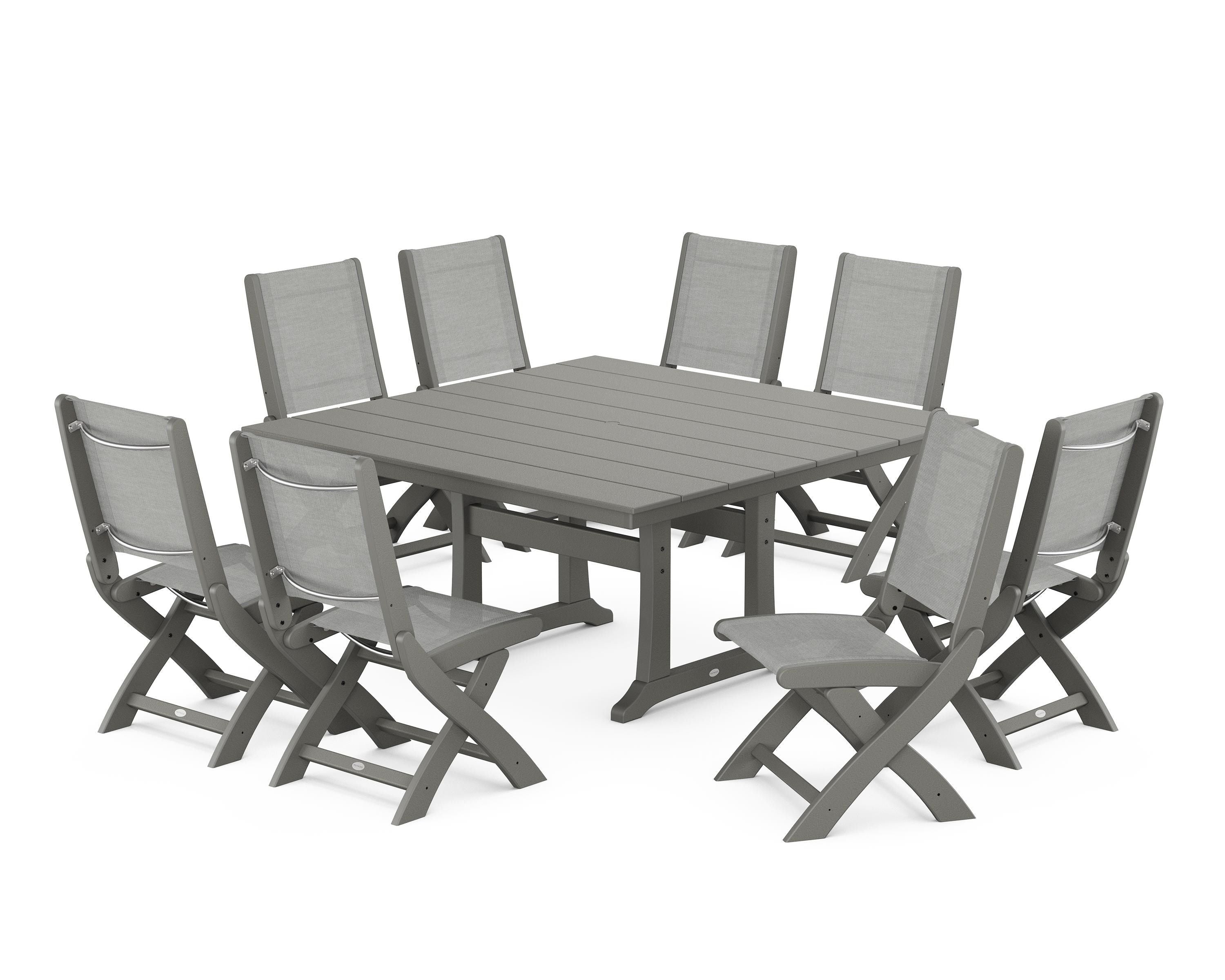 POLYWOOD® Coastal Folding Side Chair 9-Piece Farmhouse Dining Set in Slate Grey / Metallic Sling