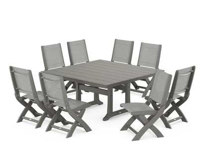 POLYWOOD® Coastal Folding Side Chair 9-Piece Farmhouse Dining Set in Slate Grey / Metallic Sling