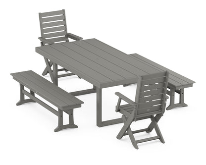 POLYWOOD® Captain Folding Chair 5-Piece Dining Set with Benches in Slate Grey