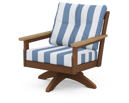 POLYWOOD® Vineyard Deep Seating Swivel Chair in Teak / Natural / Cabana Stripe Sky Blue