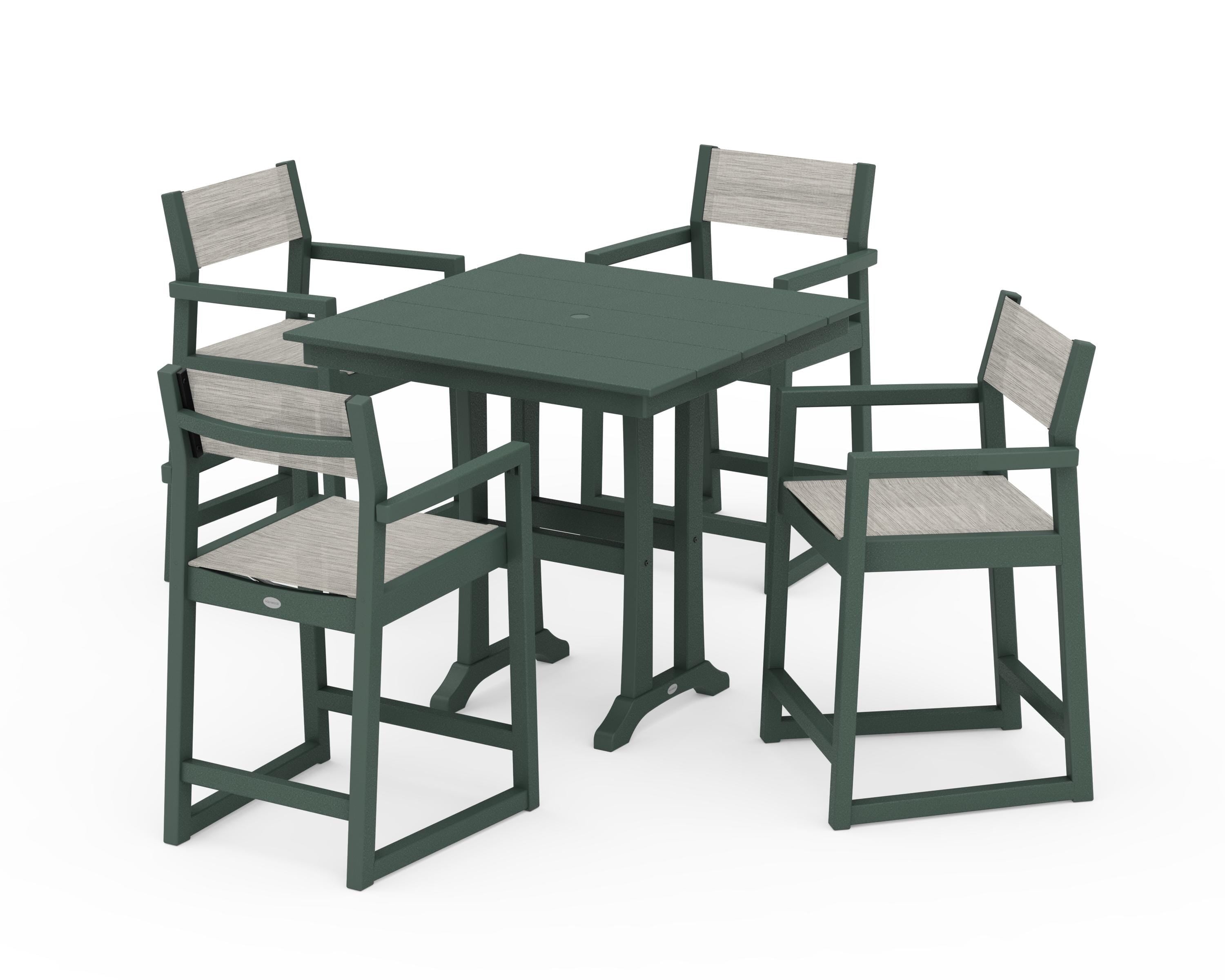 POLYWOOD® EDGE Sling Arm Chair 5-Piece Farmhouse Counter Set with Trestle Legs in Green / Birch Sling
