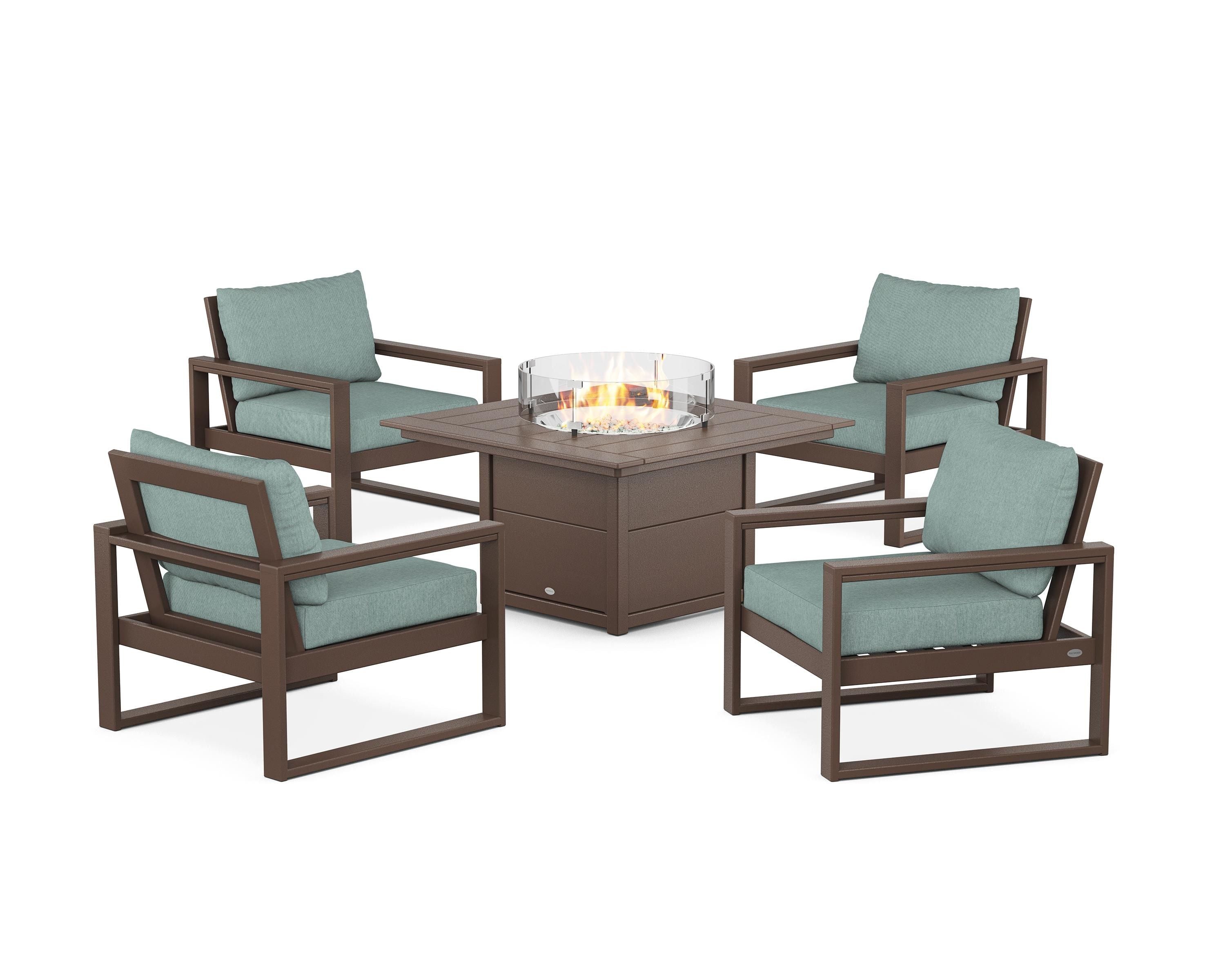 POLYWOOD® EDGE Sectional 5-Piece Deep Seating Set with Fire Pit Table in Mahogany / Glacier Spa