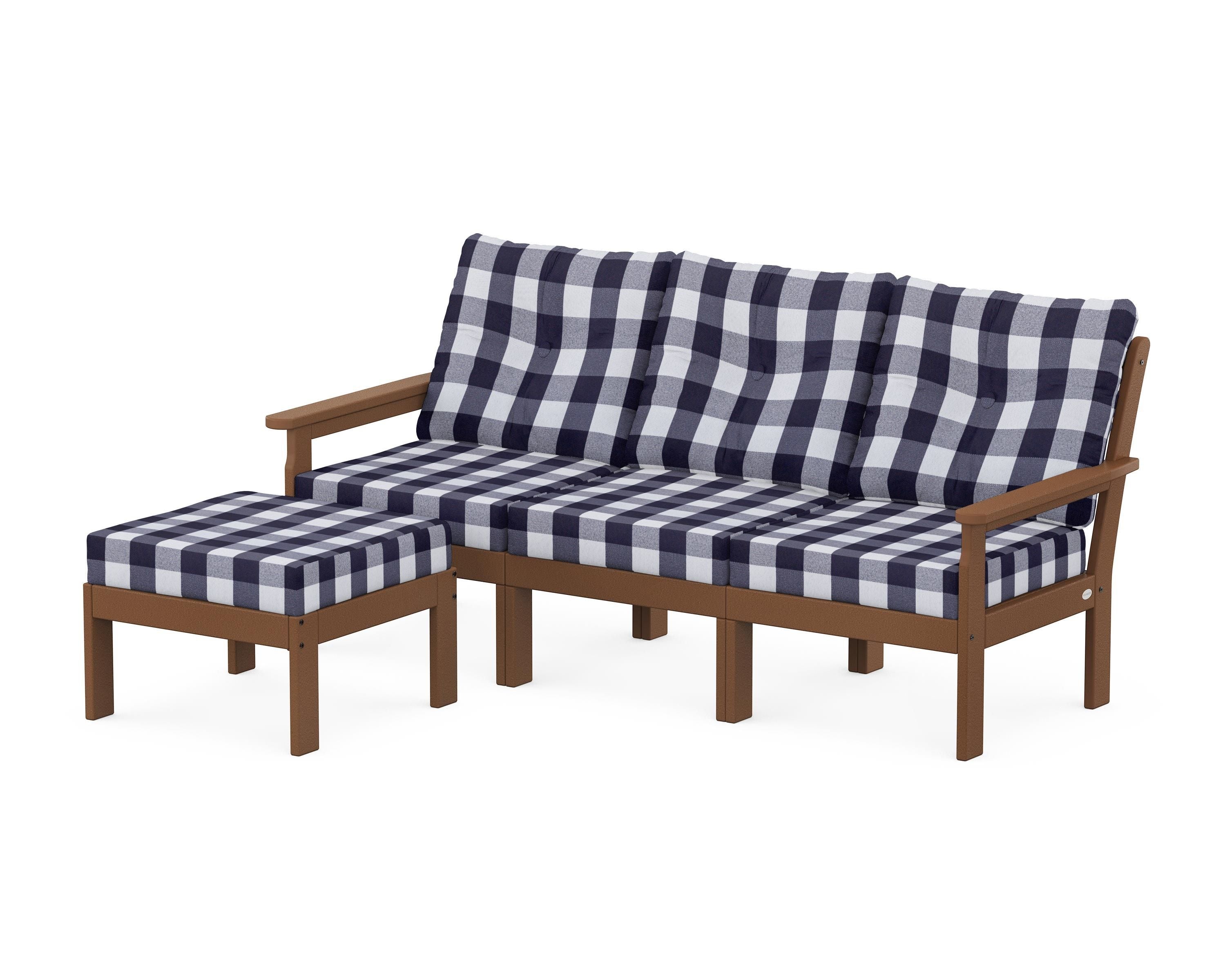 POLYWOOD® Vineyard 4-Piece Sectional with Ottoman in Teak / Buffalo Plaid Navy