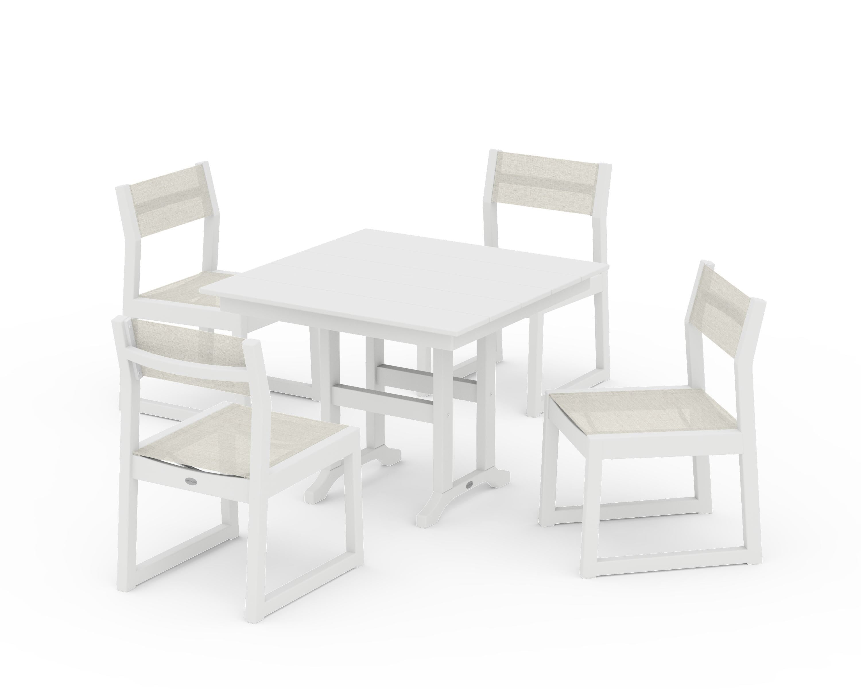 POLYWOOD® EDGE Sling Side Chair 5-Piece Farmhouse Dining Set in White / Parchment Sling