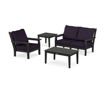 POLYWOOD® Chippendale 4-Piece Deep Seating Set in Black / Navy Linen