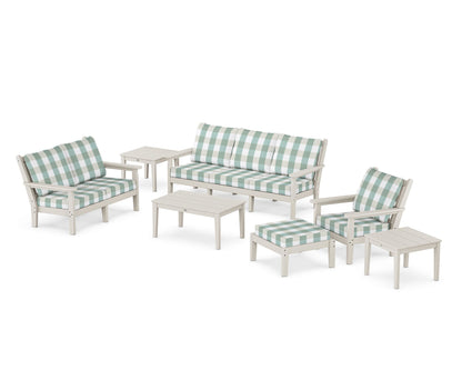POLYWOOD® Chippendale 7-Piece Deep Seating Set in Sand / Buffalo Plaid Glacier Spa