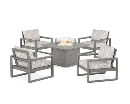 POLYWOOD® EDGE Sectional 5-Piece Deep Seating Set with Fire Pit Table in Slate Grey / Trellis Dune Burlap