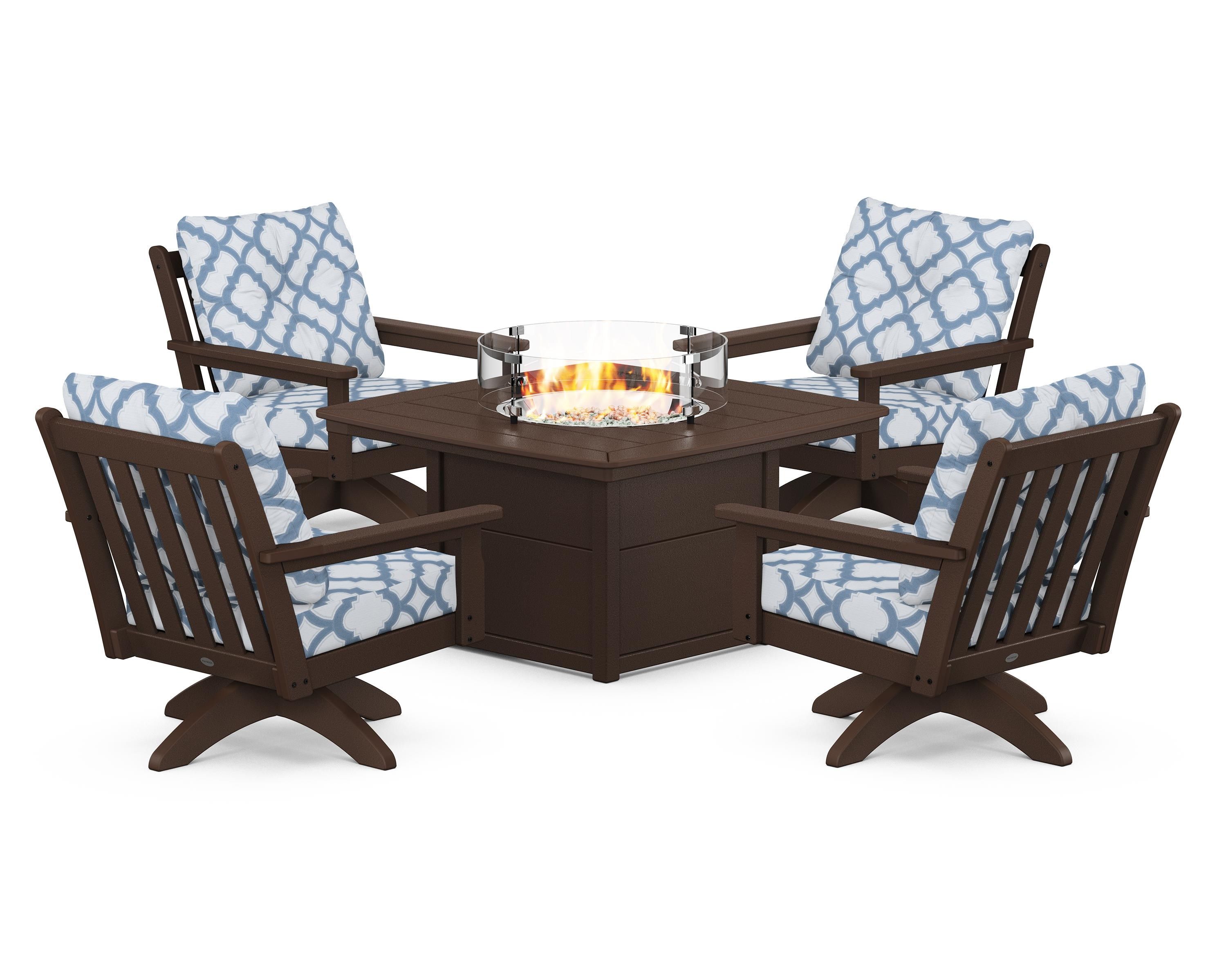POLYWOOD® Vineyard 5-Piece Deep Seating Swivel Conversation Set with Fire Pit Table in Mahogany / Trellis Sky Blue