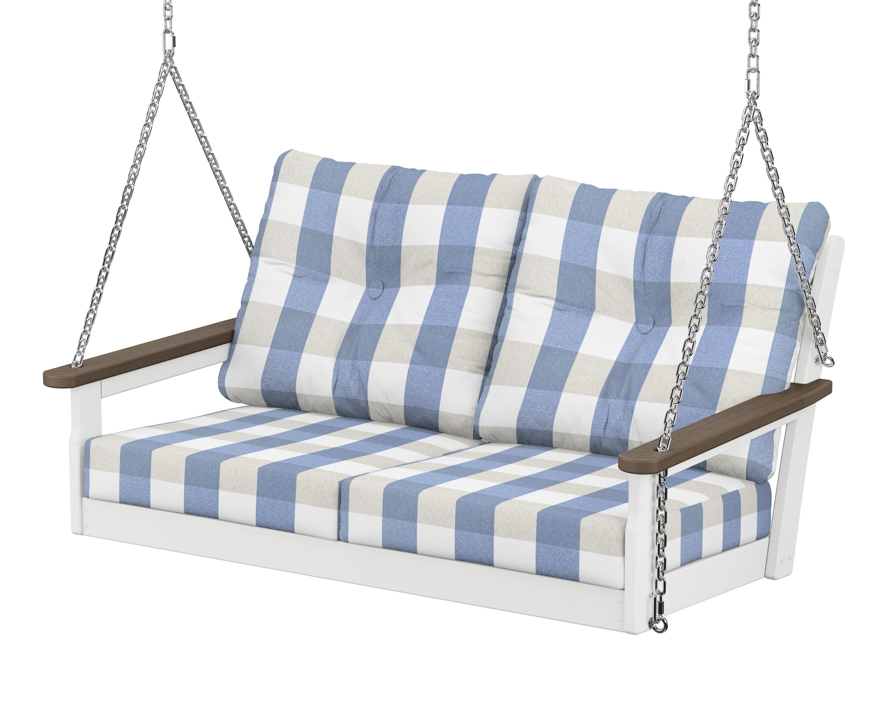 POLYWOOD® Vineyard Deep Seating Swing in White / Kona / Buffalo Plaid Sky Blue