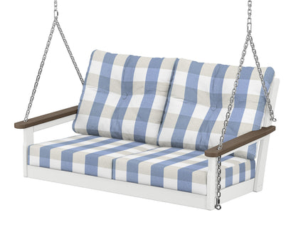 POLYWOOD® Vineyard Deep Seating Swing in White / Kona / Buffalo Plaid Sky Blue