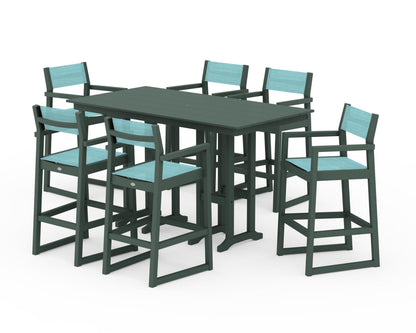 POLYWOOD® EDGE Sling Arm Chair 7-Piece Farmhouse Bar Set in Green / Dupioni Aquamarine Sling