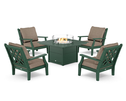 Country Living Wovendale 5-Piece Deep Seating Set with Fire Pit Table in Green / Spiced Burlap