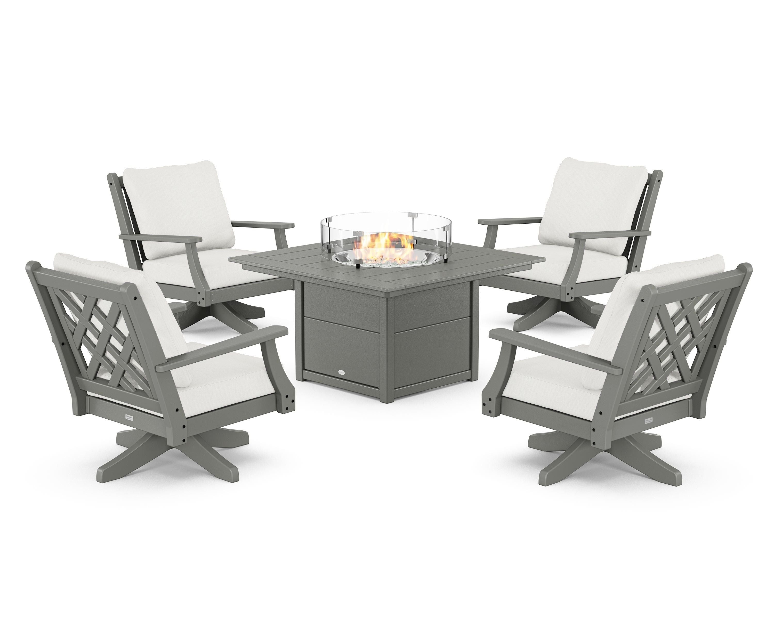 Country Living Wovendale 5-Piece Deep Seating Swivel Conversation Set with Fire Pit Table in Slate Grey / Natural Linen