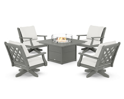 Country Living Wovendale 5-Piece Deep Seating Swivel Conversation Set with Fire Pit Table in Slate Grey / Natural Linen