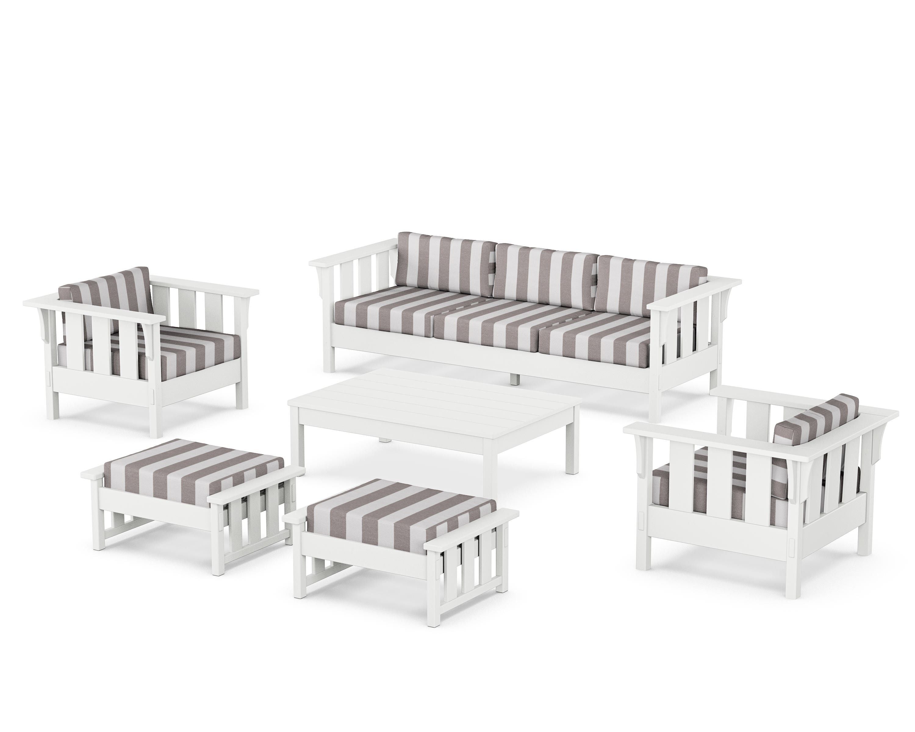 Martha Stewart by POLYWOOD® Acadia 6-Piece Lounge Sofa Set in White / Cabana Stripe Grey Mist