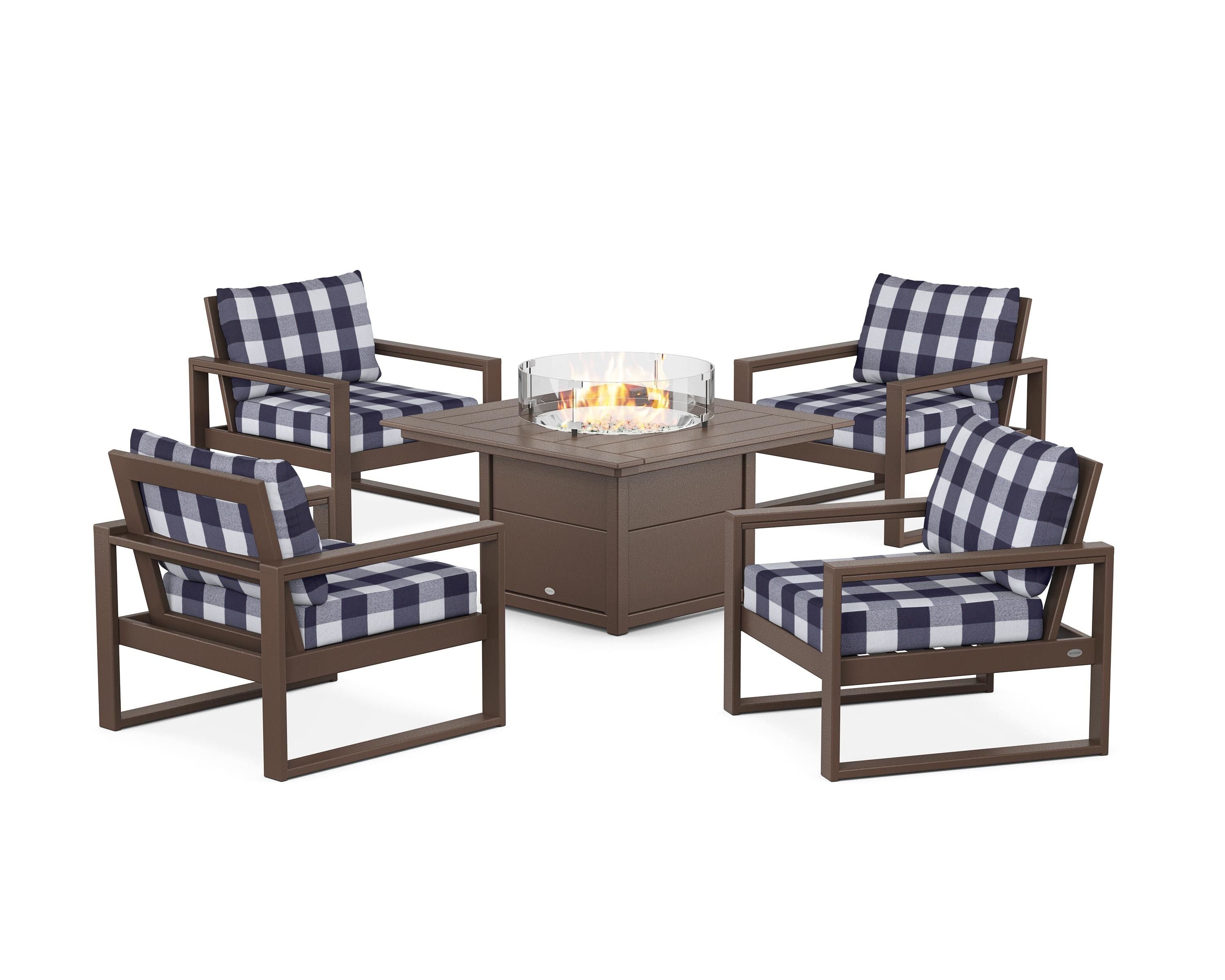POLYWOOD® EDGE Sectional 5-Piece Deep Seating Set with Fire Pit Table in Mahogany / Buffalo Plaid Navy
