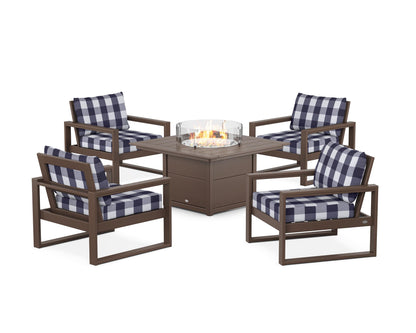 POLYWOOD® EDGE Sectional 5-Piece Deep Seating Set with Fire Pit Table in Mahogany / Buffalo Plaid Navy