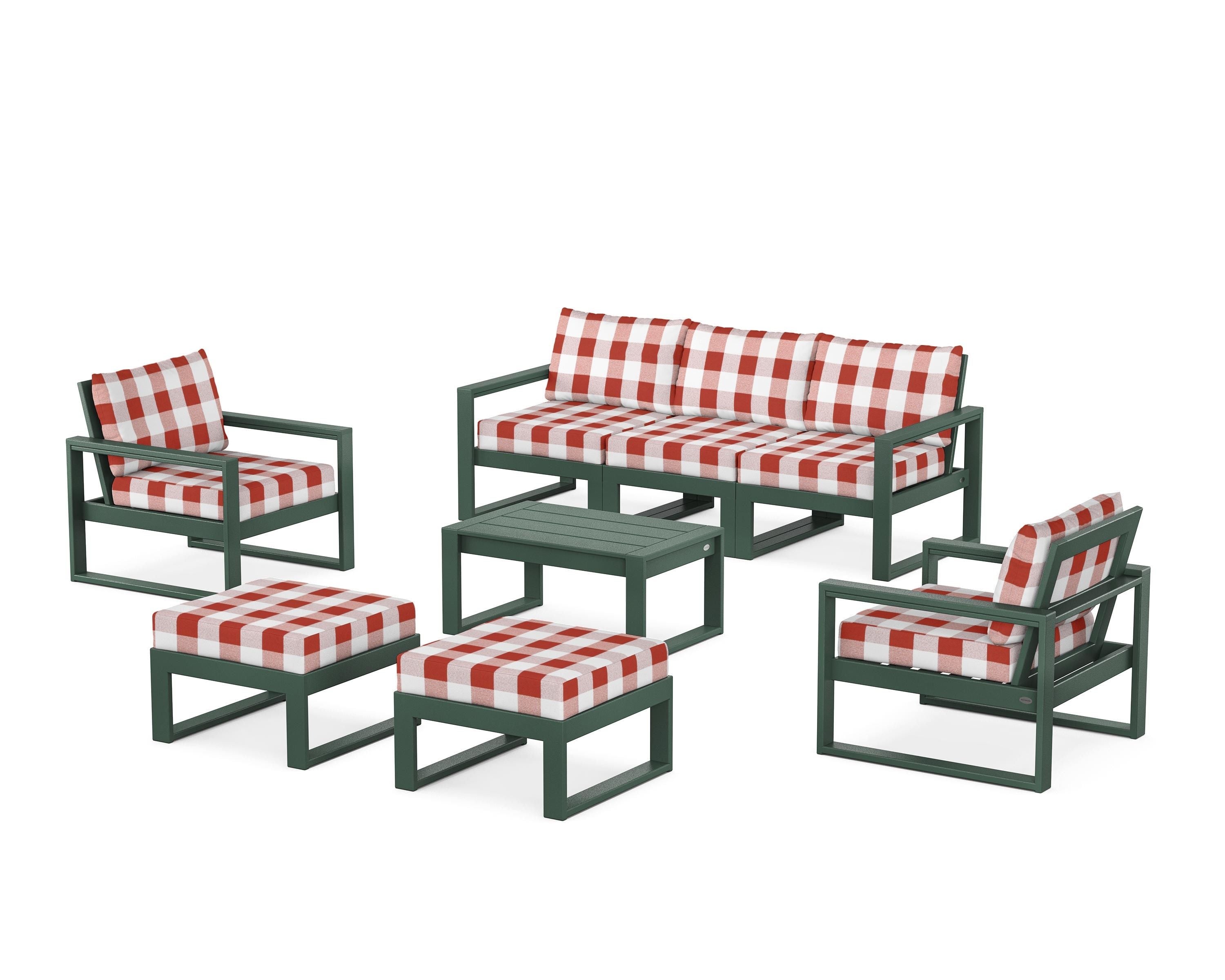 POLYWOOD® EDGE Sectional 8-Piece Lounge Sofa Set in Green / Buffalo Plaid Crimson