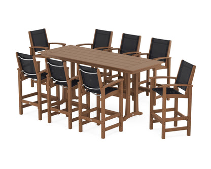 POLYWOOD® Coastal 9-Piece Farmhouse Bar Set with Trestle Legs in Teak / Black Sling