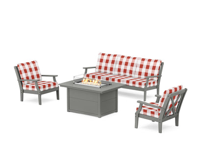 POLYWOOD® Braxton Deep Seating Fire Pit Table Set in Slate Grey / Buffalo Plaid Crimson