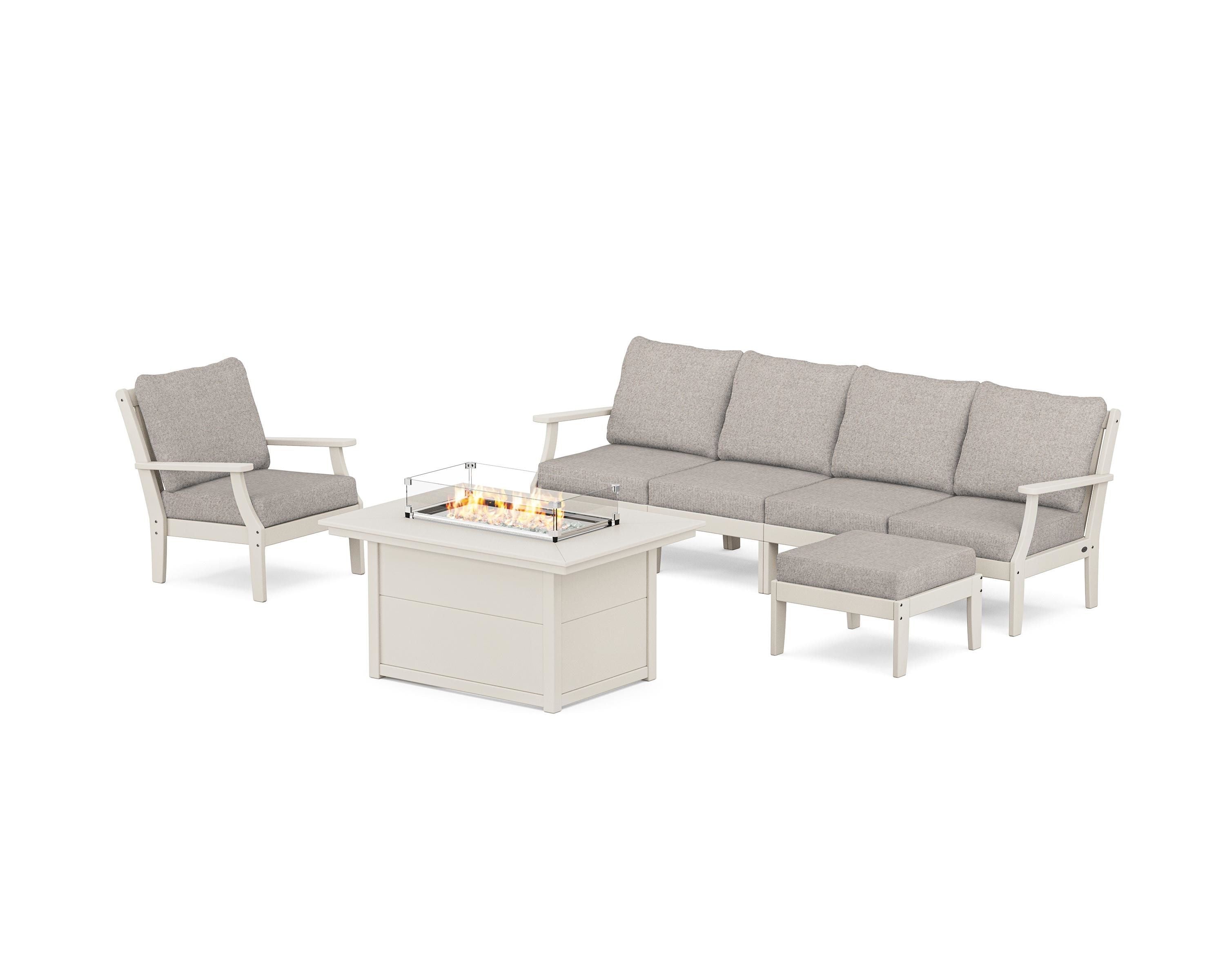 POLYWOOD® Braxton Sectional Lounge and Fire Pit Set in Sand / Weathered Tweed