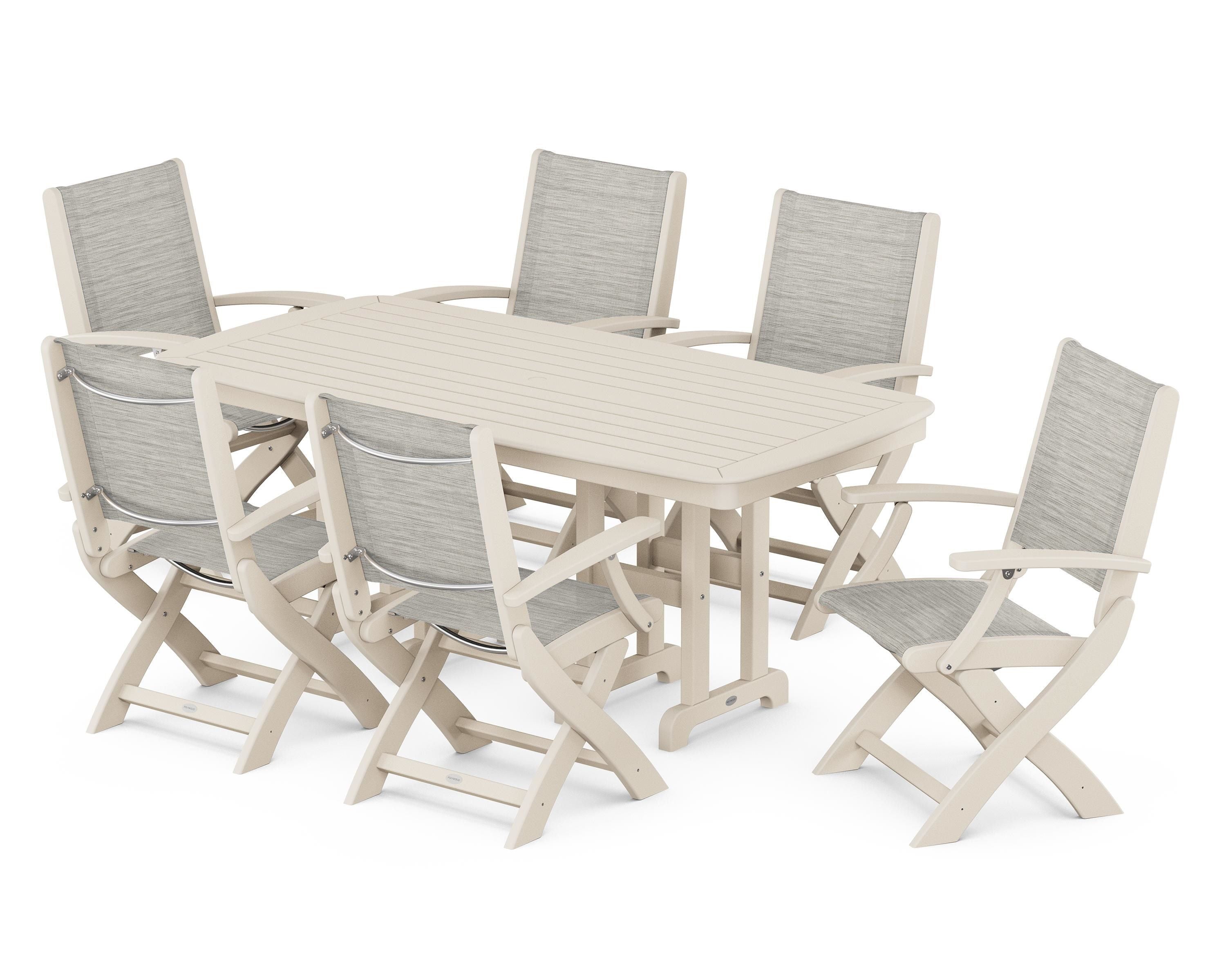 POLYWOOD® Coastal Folding Arm Chair 7-Piece Dining Set in Sand / Birch Sling