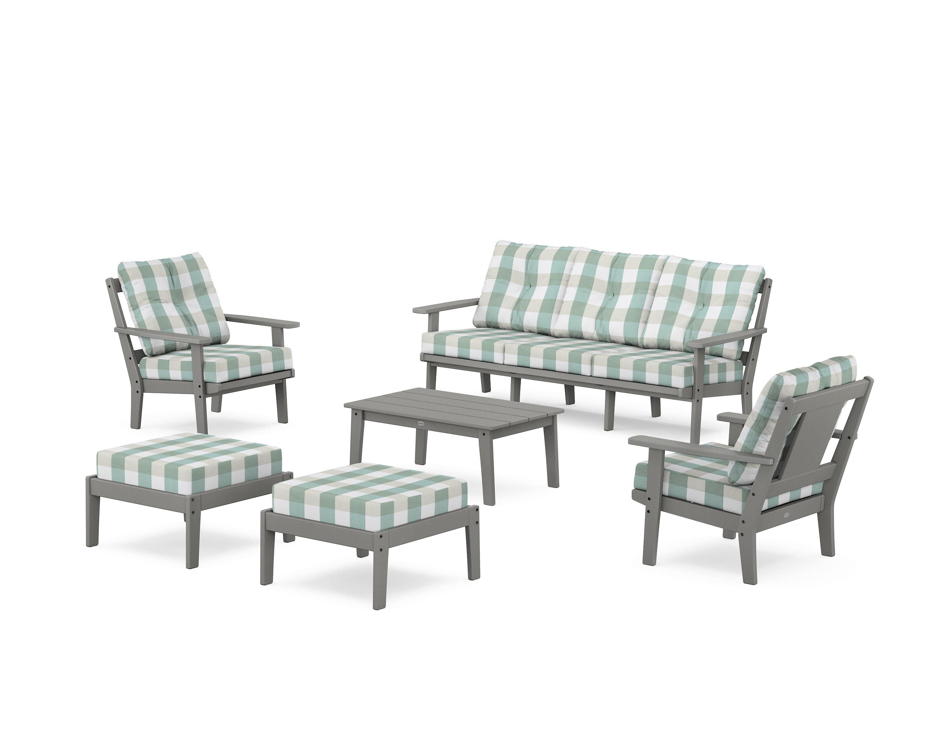 POLYWOOD® Prairie 6-Piece Lounge Sofa Set in Slate Grey / Buffalo Plaid Glacier Spa