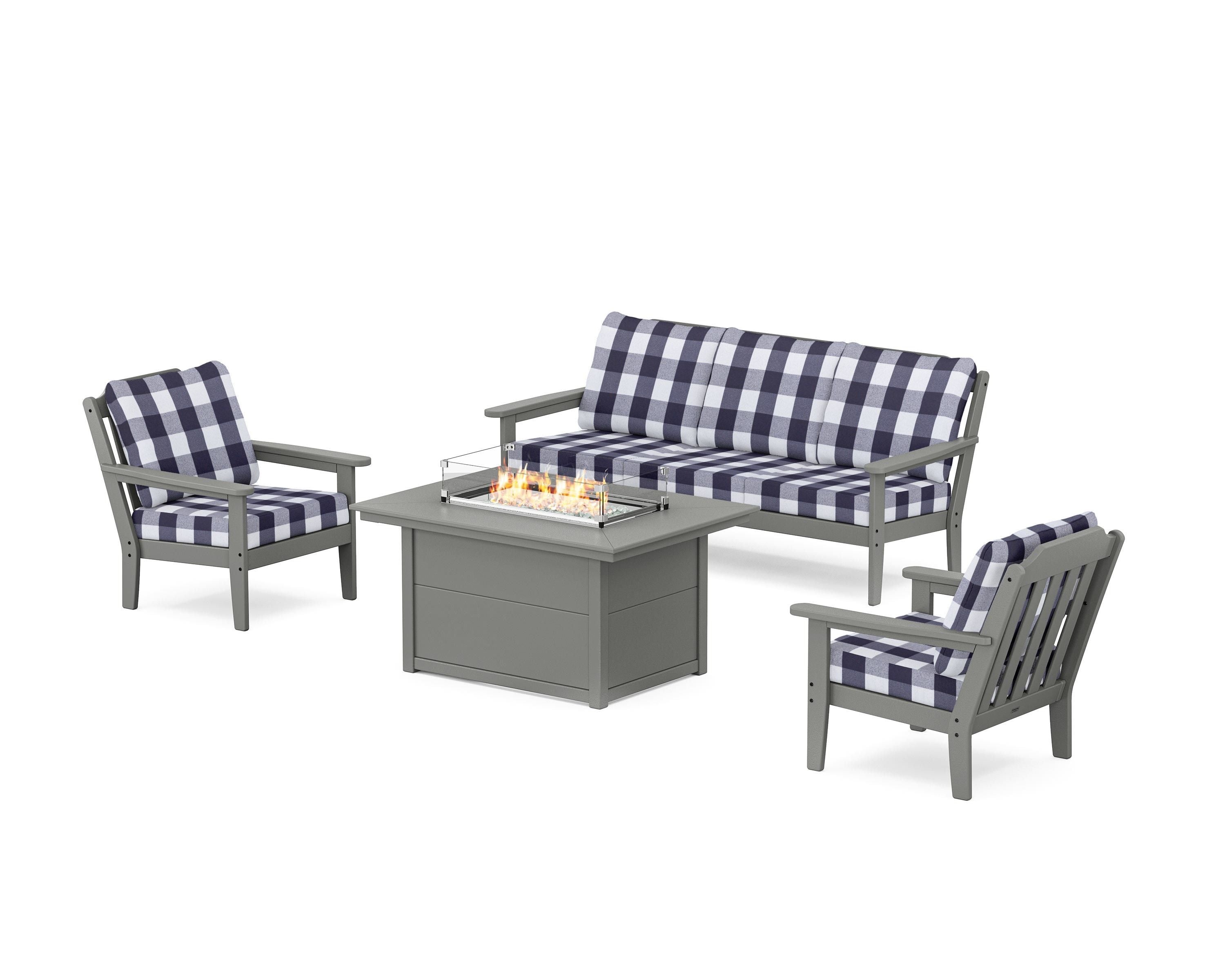 Country Living Cottage Deep Seating Fire Pit Table Set in Slate Grey / Buffalo Plaid Navy