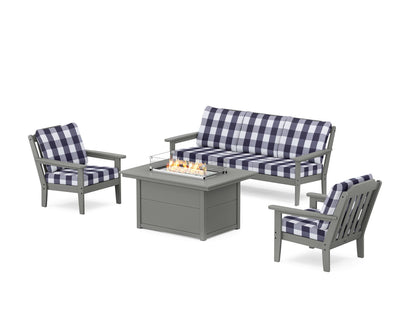 Country Living Cottage Deep Seating Fire Pit Table Set in Slate Grey / Buffalo Plaid Navy