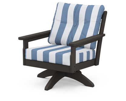 POLYWOOD® Vineyard Deep Seating Swivel Chair in Vintage Coffee / Cabana Stripe Sky Blue